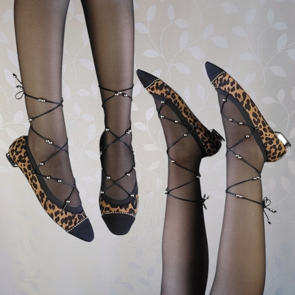Aquazzura Leopard Print Ballet Flats - Suede Lace Up Ballerina Style 38.5